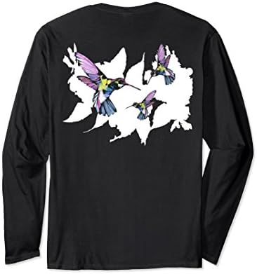 Unisex Colorful Flying Hummingbirds Long Sleeve T-Shirt, Back IMAGE Large Black