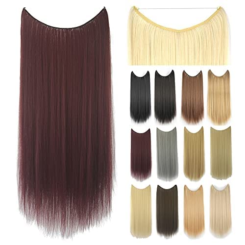 IMISSU 22'' 26'' Long Straight Hair Extensions Fish Line Hairpiece Synthetic Invisible Secret Wire Headwear Flip Hair Piece for Women (22 Inch,Burgundy)