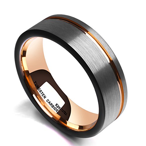 King Will Tungsten Carbide Wedding Ring 7mm Rose Gold Line Flat Pipe