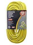 Viasonic Outdoor Extension Cord UL Listed - 100FT - Heavy Duty & Durable, 14 Gauge, Safety Yellow Cord, Premium Lighted Plug, by Unity