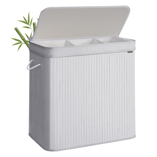 SONGMICS Laundry Hamper with Lid, Bamboo Laundry Basket, Removable Machine Washable Hamper Basket, with Handles, 150 L, for Laundry Room, Bedroom, Washroom, Dove Grey LCB062G01