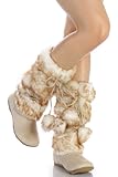 Beige Super Furry Pom-pom Winter Flat Boots Vegan