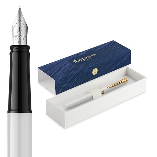 Waterman Impression Fountain Pen | Medium Nib with Blue Ink Refill | White Lacquer with Gold-Coated Trim | Gift Box