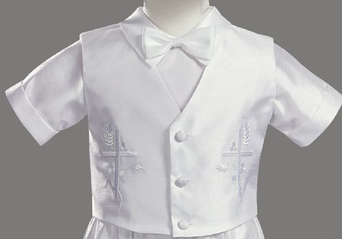 White Embroidered Shantung Chistening Baptism Vest and Short Set with Bowtie and Hat - Size S (6 Month)