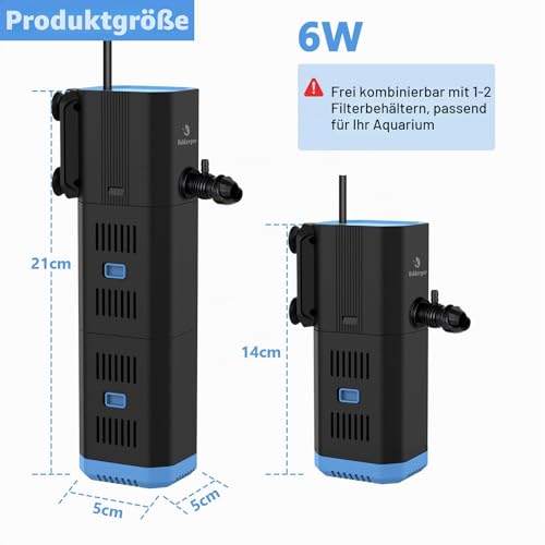 fishkeeper Aquarium Filter, Adjustable 500L/H Aquarium Internal Filter for 30L-120L Aquariums, 4-in-1 Aquarium Pump with Filter, Oxygen, Wavemaker, Filter Sponge (6W (500L/H, ≤120L))