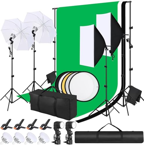 2 Stück Softbox Set, LED Softboxen Profi Fotostudio Set, 2,6 x 3 m Hintergrund mit Lampenstativ, Weißer Soft Light Umbrella, Reflektor für Porträts, P