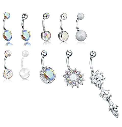 Milacolato 10PCS Stainless Steel Belly Button Rings for Womens Girls Navel Rings Barbell Dangle Acrylic CZ Body Piercing Jewelry AB