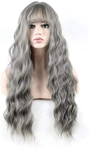 Cherryi Ultra-thin bangs Long Curly Wig Synthetic Wigs gray Black Pink 26inch High,Silver Grey,26inches