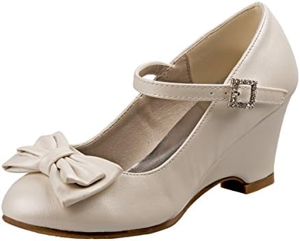 Josmo Girls Wedge Heel Dress Shoe with Rhinestone Buckle and Bow, Beige, Size 4 US Big Kid'