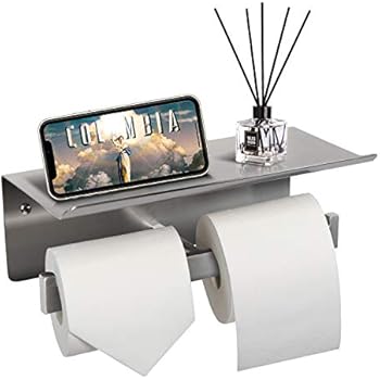 CRO DECOR Bathroom Toilet Paper Holder with Shelf, Stainless Steel Double Roll Toilet Tissue Holder Stand Wall Mounted for Mobile Phone Storage, Commercial Toilet Paper Dispenser, Brushed Nickel