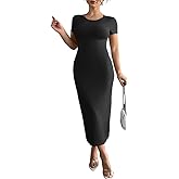 Finjani Women's Plus Size Dress Summer Short Sleeve Bodycon Maxi Dress Casual Solid Round Neck Dress for Daily Wear Black