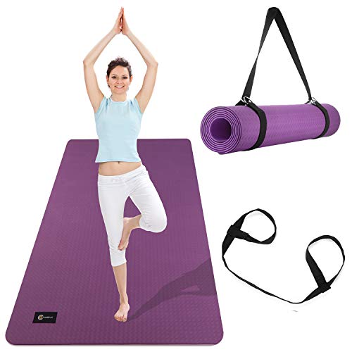 CAMBIVO Extra Wide Yoga Mat with Carrying Strap (73″x 32″x 1/4″), Non-Slip Exercise Fitness Mat for Yoga, Pilates, Workout (Purple)
