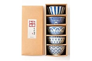 [5-Piece Set] Japanese Ceramic Rice Bowls – 14oz Blue & White Porcelain Bowls, Traditional Pattern, 13cm Diameter, Gift Boxed