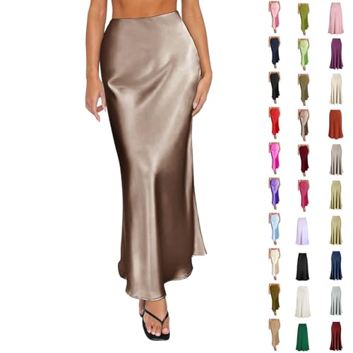 Womens Skirts Elastic Waist Skirts for Women UK Satin High Waisted Maxi Skirt for Wedding Guest Party, Elegant Boho A-Line Long Skirt with Elastic Waist Long Dresses Women UK
