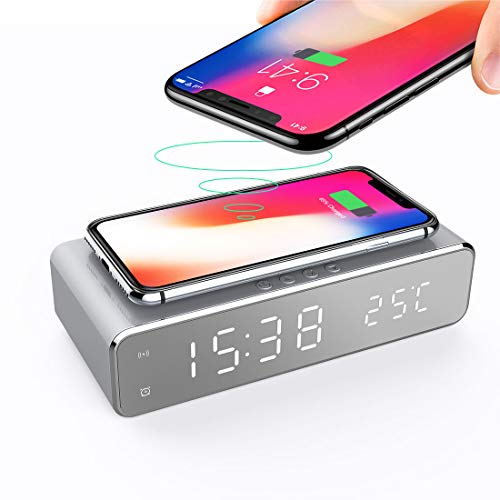 Docreate Digital Alarm Clock with Wireless Charger,LED Desk Alarm Clock