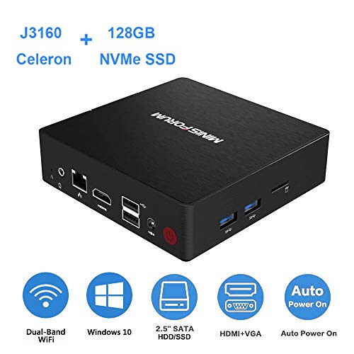Mini PC with 4GB RAM 128GB NVMe SSD, Intel Celeron J3160 up to 2.24GHz/4K HD/DIY SSD&HDD/ 2.4+5G WiFi/ 1000M LAN/VGA&HDMI/Support Windows 10 Pro and Linux/Auto Power On/WOL/PXE Boot, Mini Computer