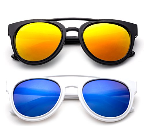 Newbee Fashion - Kids Teens Juniors Plastic Fashion Sunglasses for Girls & Boys Flash Mirror Lens Stylish Popular Aviator Shape Kids Fashion Sunglasses in 2 Value Pack