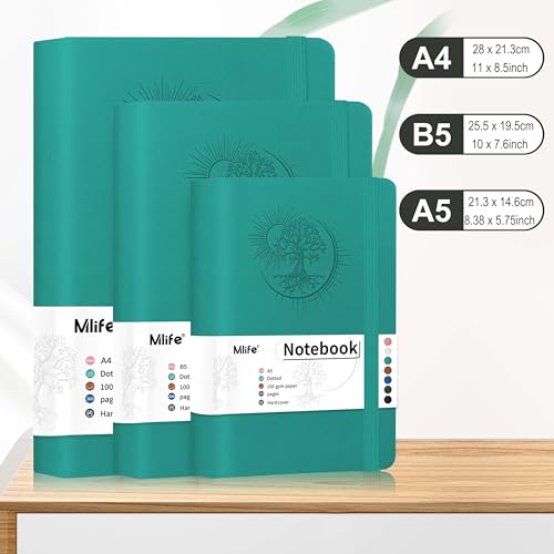 Mlife B5 Dotted Notebook with Tree of Life Design,300 Pages,100 G/M² Dotted Paper,PU Cover,Elastic Band,Pencil Holder,3 Bookmark,For Women And Men,14.6 X 21.3 CM-Greenish Blue