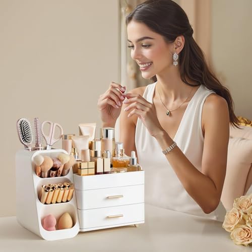 HBlife Makeup Cosmetic Organiser with Drawers, Brush Organiser, 3-in-1 Plastic Cosmetic Storage Box, Makeup Storage Box, Large Storage, White