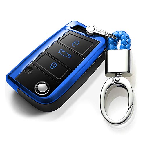 ontto Car Key Cover for VW Golf 7 MK7 - Premium Soft TPU Silicone Full Protection Key Fob Case Fit for Volkswagen VW Golf 7 MK7 3 Button Folding Car Key Case Keyring Keychain - Blue