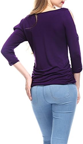 SKILIY DKBAYA Women's Cut Out 3/4 Sleeve Cowl Neck Ruched Blouse Stretch Tops