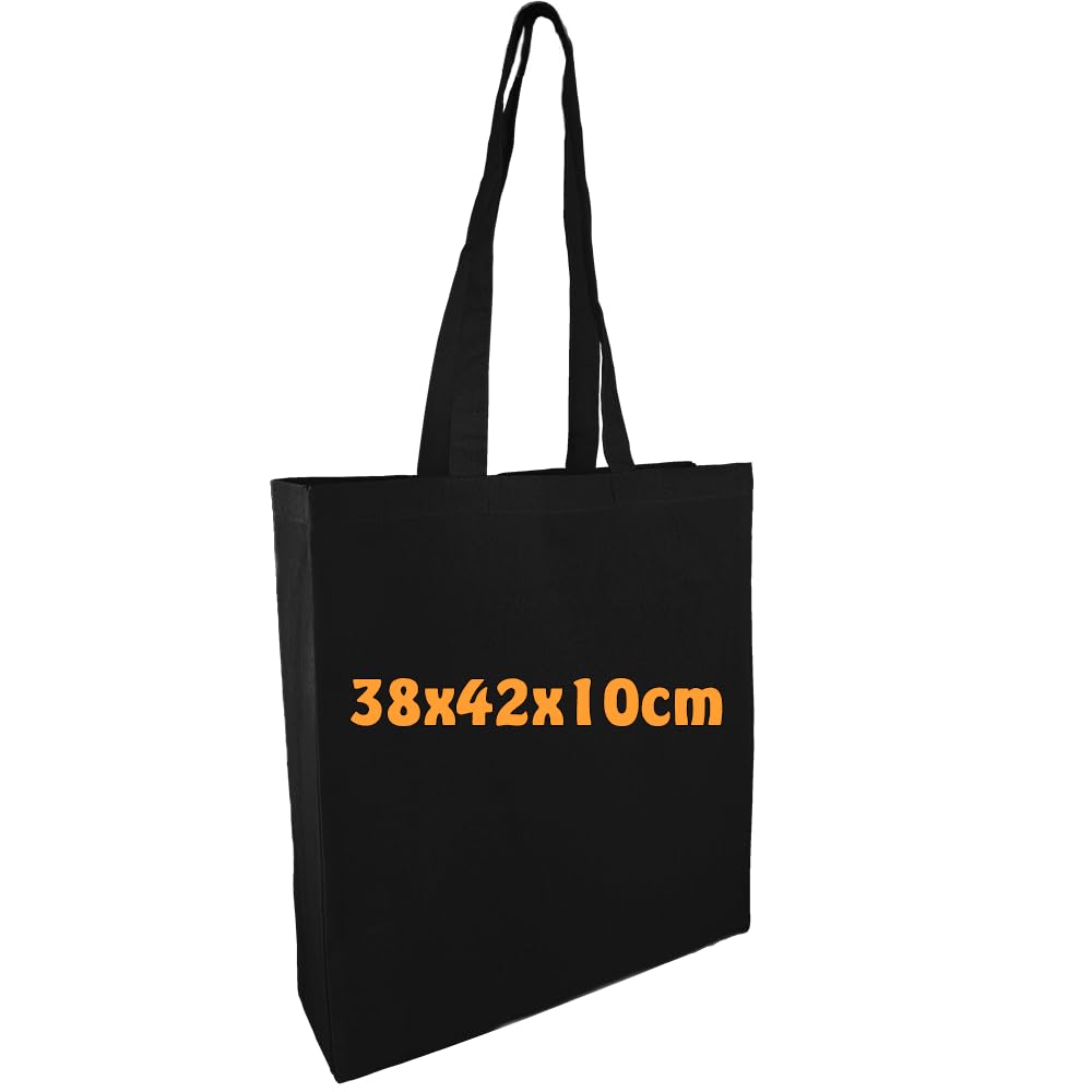 Cottonbagjoe Laura Cotton Bag, 38 x 42 x 10 cm, 100% Cotton, Long Handles, 140 g/m², Robust Inner Seams, Oeko-Tex Standard 100, black, 42x38x10 cm