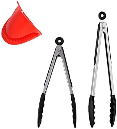 V V Verve Silicone Kitchen BBQ Tongs. 2 Pack (9inch & 12inch in Black), Bonus Silicone Oven Mitt (Red)