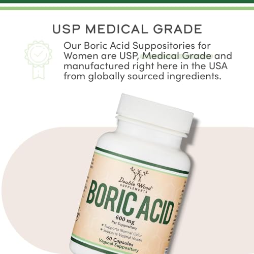 BORIC ACID SUPPOSITORIES (600MG VAGINAL SUPPOSITORY, 60 COUNT) SUPPORTS VAGINAL PH BALANCE, ODOR CONTROL (USP MEDICAL GRADE FINE POWDER, EASY DISSOLVE, THIRD PARTY TESTED) BY DOUBLE WOOD