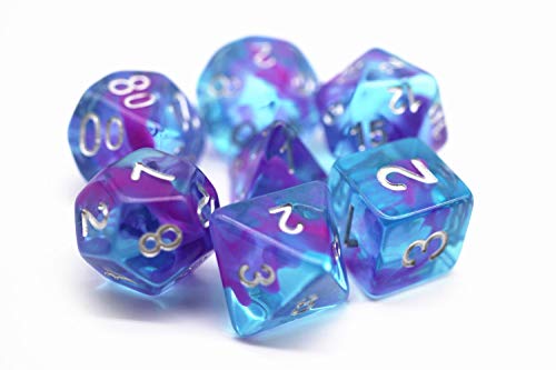 HD Dice DND Dice Set RPG Dice Fit Dungeons and Dragons D&D Pathfinder MTG Role Playing Games Polyhedral Dice Blue Transparent Dice with Purple Swirls