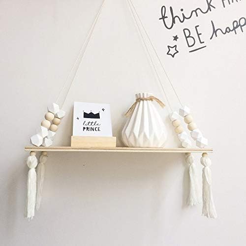Wood Hanging Wall Shelf,Nordic Style Octagonal Fringe Racks Wall Hanging Storage Board Tassel Wall Hanging Shelf for Women Girls Kids Bedroom Decor White