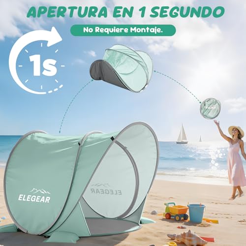 Elegear Carpa de Playa para Bebé Portátil, Pop-Up Refugio Solar con Protección Solar, UPF 50+ Protección UV Carpa de Playa para Bebé, Fácil Instalación y Ligera Tienda con Toldo para Costa,Verde Claro
