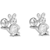 Dainty Rhinestone Rabbit Tiny Small Stud Earrings - Crystal Bunny Animal Cartilage Tragus Screw Ball Back Studs Earring Cute Jewelry for Women Daughter Easter Christmas 20G