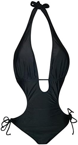 NWSC Women's Halter One Piece Monokini Swimsuit Bikini (L (10/12), Black)
