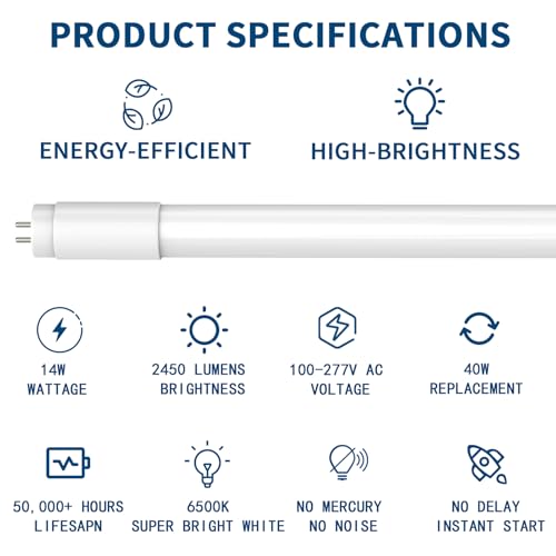 JESLED T8 LED Tube Lights 4FT, 14W 2450LM 6500K, Single or Double End Powered, Plug and Play or Ballast Bypass, Type A+B 4 Foot T10 T12 Fluorescent Bulbs Replacement, Frosted, 10-Pack