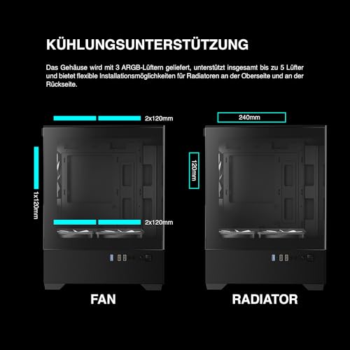 GAMDIAS Micro-ATX Tower Computer Case with Tempered Glass, Gaming M-ATX PC Case with 3X 120mm ARGB Fans, Support Up to 5X Fans Airflow, 240mm AIO/Radiator, 280mm GPU/VGA, 155mm CPU Cooler, 150mm PSU