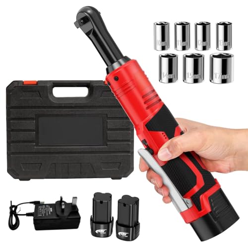 Cordless Ratchet Wrench 3/8” Drive 18V Reversible Air Ratchet Wrench 40Ft-lbs 450RPM Variable Speed LED Light Handheld Electric Impact Extended Wrench Tool 2 Battery 7 Socket for Auto Woodwork Machine