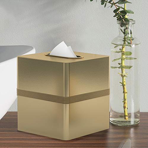 nu steel JW9H Square Paper Facial Tissue Box Cover Holder for Bathroom Vanity Countertops, Bedroom Dressers, Nightstands, Desks and Tables Gold Finish, Rich