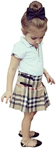 Rorychen 2pcs Cute Baby Girls Skirt Set Outfit:White Shirt+Plaid Skirt(2-8years)