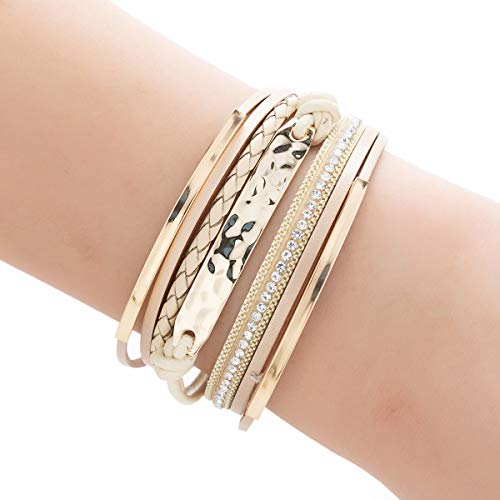 Yoocool Multi-Layer Handmade Leather Bracelet Braided Wrap Cuff Bangle with Alloy Magnetic Clasp Beaded Wrist Bracelets Jewelry for Women,Girl Gift (Beige with ID Tag)