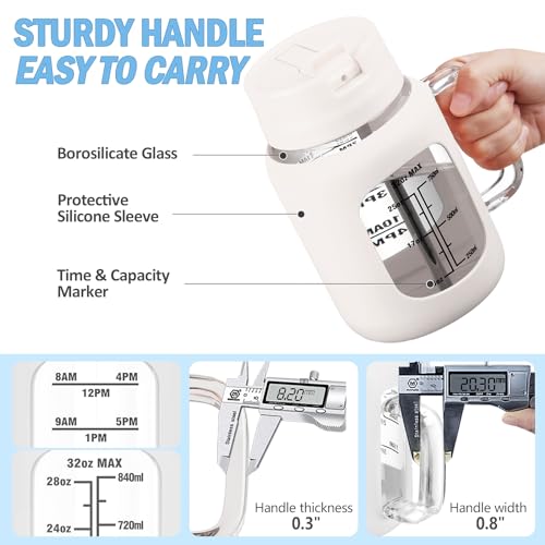 NOLOGLAZIC 32 OZ GLASS WATER BOTTLE WITH HANDLE, 100% LEAK PROOF GLASS TUMBLER WITH BUILT-IN STRAW LID, REUSABLE 900ML WATER CUP TIME MARKER BPA FREE – WHITE