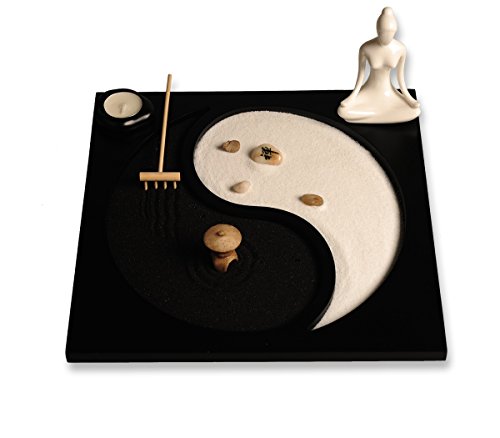 ICNBUYS Tai Chi Pattern Zen Garden with Buddha Status Wooden Rake Rocks Mini Pavilion and Candle Holder Set with Free Rake and Pushing Sand Pen Base Tray Dimensions 11.8 x 11.8 x 0.4 inches - Thumbnail 3