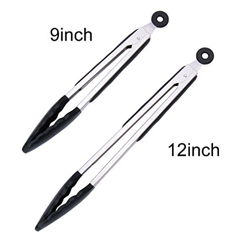 KingTong Stainless Steel Kitchen Cooking Tongs With Silicone Tips 9 and 12 Inch Set of 2