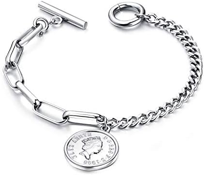 Fashion Ahead Charm Bracelet for Women Girls Stainless Steel Chain Link Toggle Clasp, 7.3 inches,Silver Rose Gold