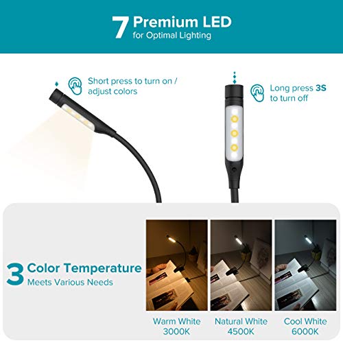 TOPELEK 7 LED Reading Light, Rechargeable Book Light with Stepless Dimming, Adjustable Color Temperature, Knob Control, Easy Clip On Reading Lamp for Night Reading in Bed