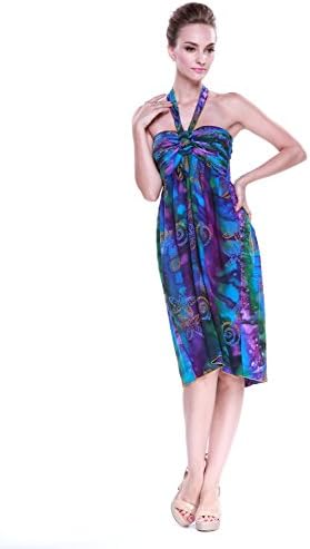 Hula Batik's Women's Hand Print Batik Baby Doll AYU Halter Dress Purple Seahorse