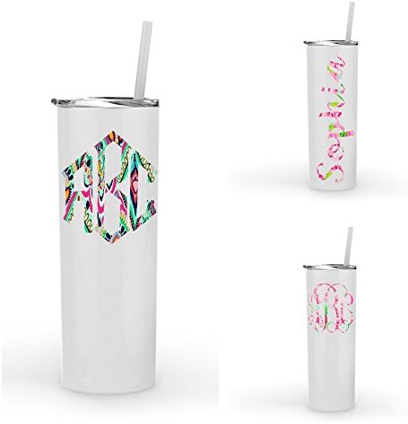 Monogrammed Stainless Steel Tumbler w/Lilly Inspired Vinyl Decal | 20oz Skinny White Powder Coated Tumbler | Personalized with Name, Word or Monogram