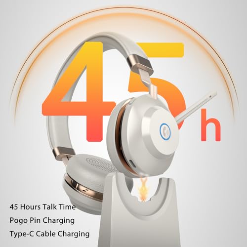 Wireless Headphones with Mic, Bluetooth Headset with Microphone Noise Canceling & Charging Base, Wireless Headset with Microphone Mute for PC/Teams/Zoom/Call Centers/Smartphones