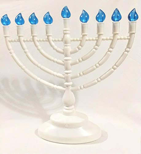 Quality Judaica LED Hanukkah Menorah, Battery or USB Powered, Includes Micro USB Cable, White with Blue Bulbs