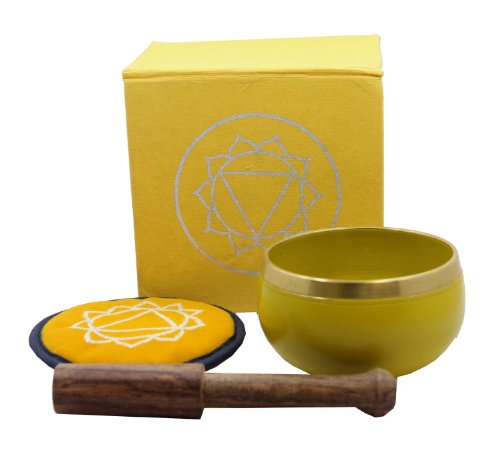 DharmaObjects Tibetan Palm Size Solar Plexus Chakra Singing Bowl Premium Gift Set