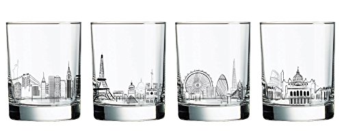 Luminarc 4 Piece Skylines 13.25 oz Assorted Decorated Double Old Fashioned, Clear